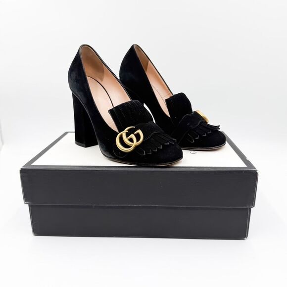 Gucci Shoes - Gucci GG Marmont Fringe Black Loafer Block Heel Pumps EU 37 US 7